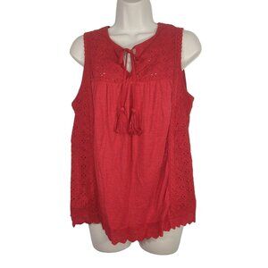 Knox Rose Eyelet Ribbed Tank Top Tassel Women Size L 12 14 Red Sleeveless NEW
